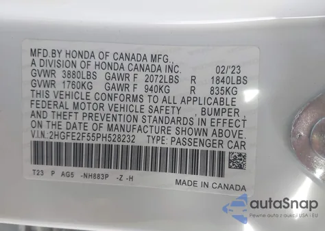 2023 Honda Civic Sport z USA, uszkodzony, nr VIN 2HGFE2F55PH528232